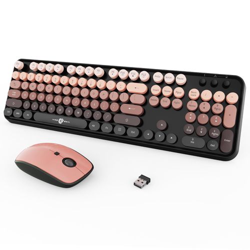 Wireless Keyboard and Mouse Combo, 104 Round Keys Cute Colorful Keyboard and Mouse with Retro Typewriter for PC/Mac/Laptop/Tablet/Computer/Windows Black