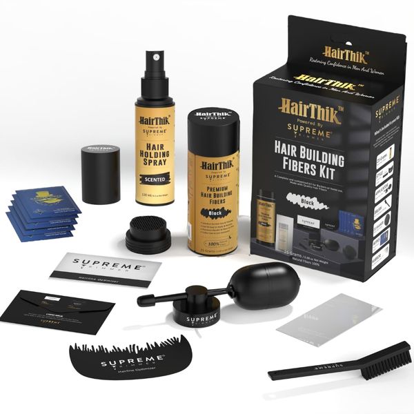 Hair Building Fibers 9-in-1 Kit | 25G Keratin Fibers, Pump Nozzle, 2 Hairline Cards, S&L Shaker, Brush, Wipes, Mirror & Holding Spray | Conceal Thicken Thinning Balding Hair | Men & Women (Black)