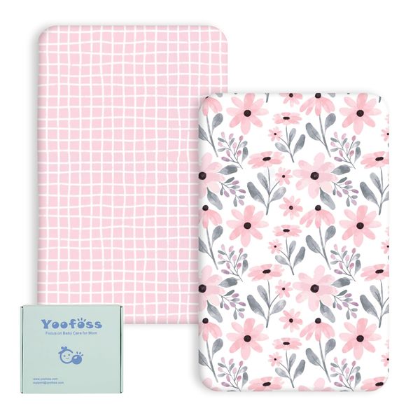 Yoofoss Fitted Travel Cot Sheets - 95 x 65cm, Breathable & Cozy, Elasticated, 2 Pack Pink Floral
