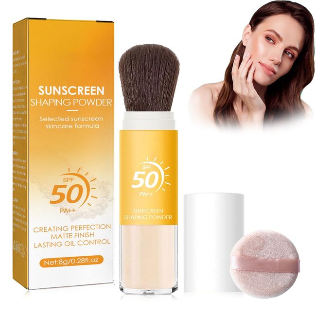 Mineral Powder Sunscreen Brush,SPF 50 Mineral Sunscreen Setting Powder Powder Sunscreen for Face Sun Protection Powder Mineral Powder Brush Oil Control Matte Finish Lasting Lightweight Breathable