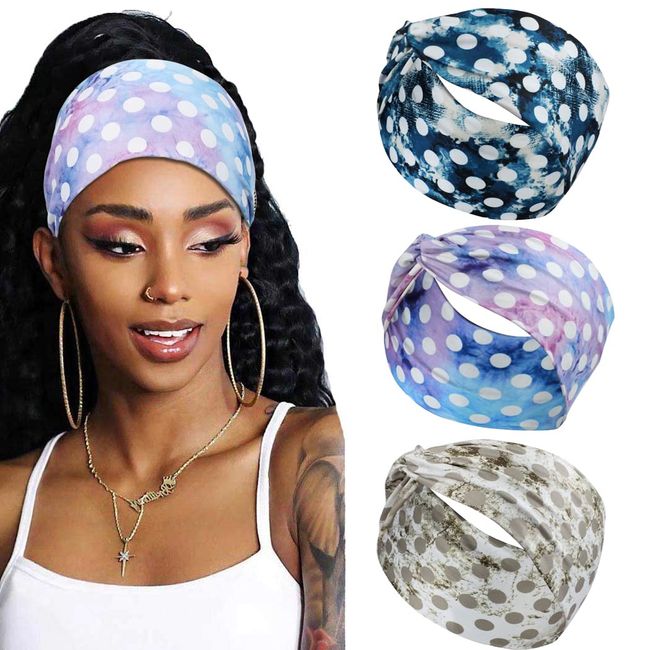 Fashband Boho Headbands Elastic Knotted Hair Band Polka Dot Yoga Hair Accessories for Women and Girls (Pack of 3)