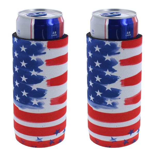 Kolder Patriotic American USA Can Bottle Coolers Neoprene Sleeve Beverage Huggie Holders … (USA Flag - Slim Can Holder 2-Pack)