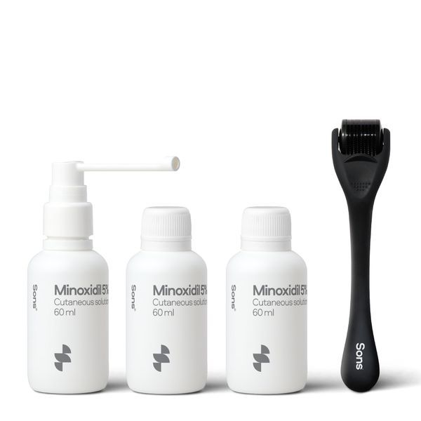 Sons Minoxidil 5% Cutaneous Solution and Dermaroller - Hair Regrowth & Thickening - For Hair Loss & Thinning in Men - Stimulates Collagen and Reactivates Shrunken Follicles - Roller and 1 Month Supply