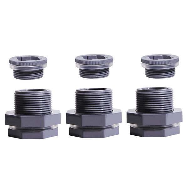 Ququyi 1/2 Inch PVC Bulkhead Water Tank Connector Adapter Fitting with Plugs Thru-Bulk Pipe Fitting for Rain Barrels, Aquariums, Ponds(Set of 3)