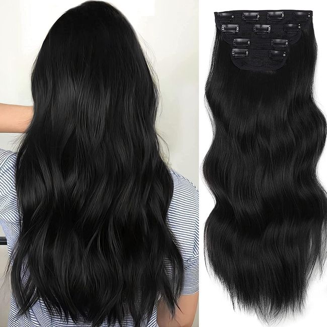 Clip in Extensions 50cm 4 Teiliges Set 200g wie Echthaar Haarverlängerung Haarteile Clip in Extension Lang Locken Synthetisch Haarteile für Damen (1B)