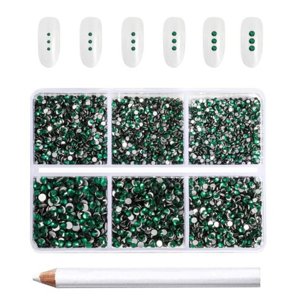 Beadsland 7,200pcs Flatback Rhinestones, Nail Gems Round Crystal Rhinestones for Crafts, 6 Mixed Sizes with Wax Pencil Kit, SS3-SS10, Emerald