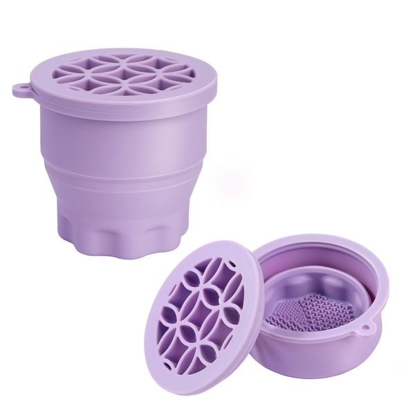 Foldable Makeup Brush Cleaning Cup, Beauty Brush Cleaning and Drying Storage Cup, Silicone Brush Cleaning Cup for Makeup Brushes, Cleaning for Powder Puff and Beauty Blender (Purple)