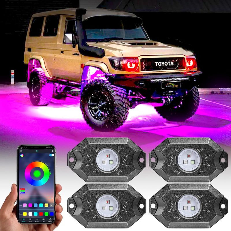 GSRECY RGB LED Rock Lights Kit met APP/afstandsbediening/muziekmodus, High Power Multicolor Neon Underglow Wheel Light compatibel met vrachtwagen, aanhanger, boot, SUV, offroad, ATV, UTV, RZR (4 pods