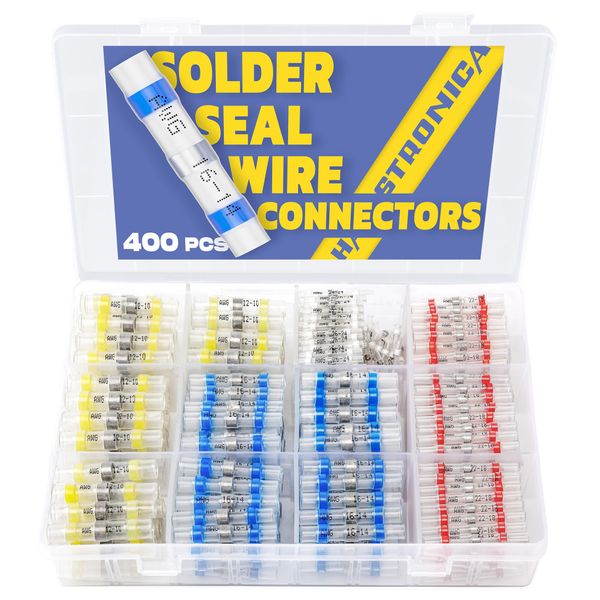 400PCS Solder Seal Wire Connectors-haisstronica Waterproof Heat Shrink Butt Connectors-Self Solder for Marine,Aircraft,Boat,Truck,Stereo,Joint