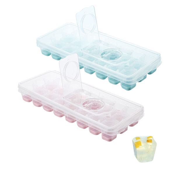 ALLMIRA Ice Cube Tray, Silicone Ice Maker with Lid, Ice Making, Container, Ice Tray, Easy to Remove, Square Ice Cube with Lid, Ice Case (Blue + Pink)