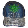 Popfizzy Bling Weed Hat for Women Rhinestone Hat, Bedazzled Baseball Caps, Distressed Hat, Fancy Bejeweled Hats, Sparkle Studded Denim Ball Caps (Relax, Weed (Denim))