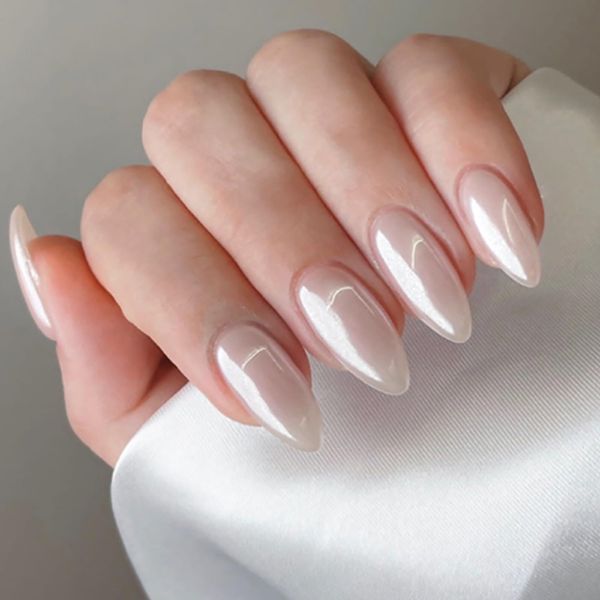 Press On Nails Medium Almond, Pearl White Fake Acryli Nails Press ons, Fit Perfectly & Natural Stick On Nails in 12 Sizes - 24PCS Soft Gel Fake Nails Kit