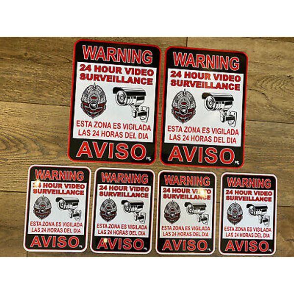 SECURITY SIGN 10 INCHES LARGE AVISO STICKER 6 LOT 24 Hr Video CAMERA STICKER