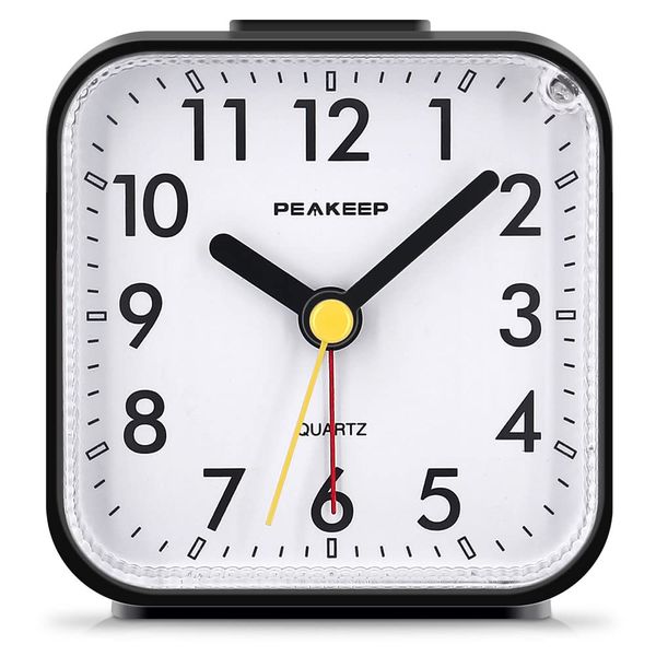 Peakeep Small Battery Operated Analog Travel Alarm Clock Silent No Ticking, Lighted on Demand and Snooze, Beep Sounds, Gentle Wake, Ascending Alarm, Easy Set (Black)