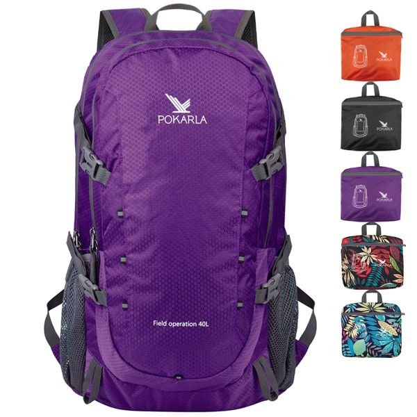 POKARLA 40L Foldable Rucksack Travel Hiking Daypack Durable Lightweight Walking Camping Folding Sports Outdoor Backpack Water Resistant Ultra Lightweight Packable Carry On Bag Unisex Purple