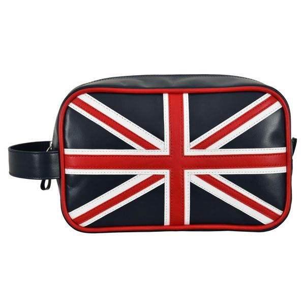 Unisex 100% Geniune Leather Toiletry Bag Union Jack Navy Soft Wash Bag Handcrafted Travel Makeup Bag