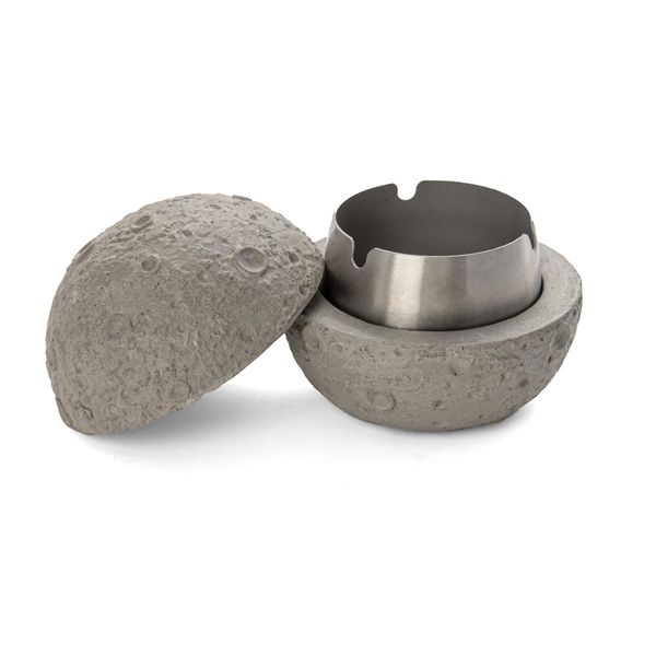 Fisura - Original ashtray with moon shape. Modern ashtray with lid. Decorative grey ashtray. Stainless steel and concrete ashtray. 10 centimetersx 10 centimeters