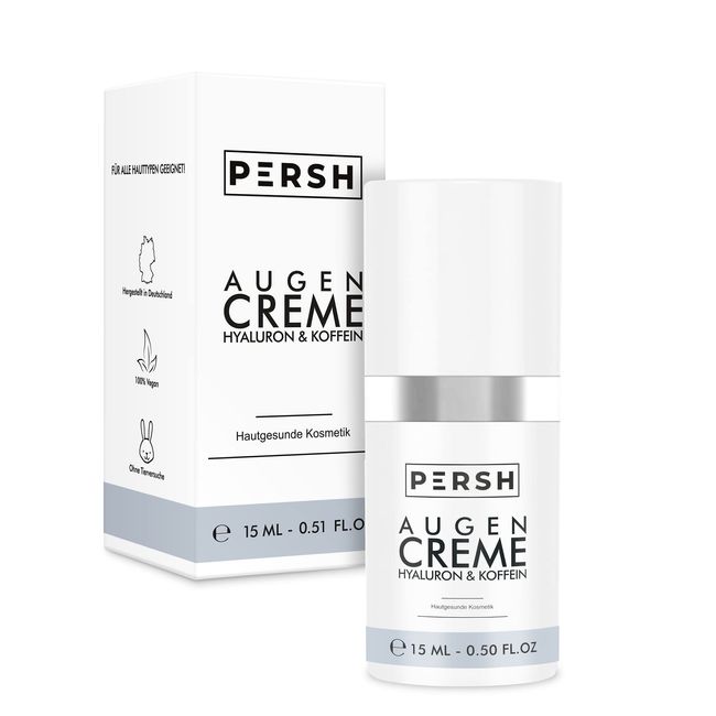 PERSH Augencreme - Power-Kombination aus Hyaluronsäure, Koffein & Dermochlorella D | Mindert Tränensäcke, hellt Augenringe auf | Vegan & ohne Tierversuche | 15ml