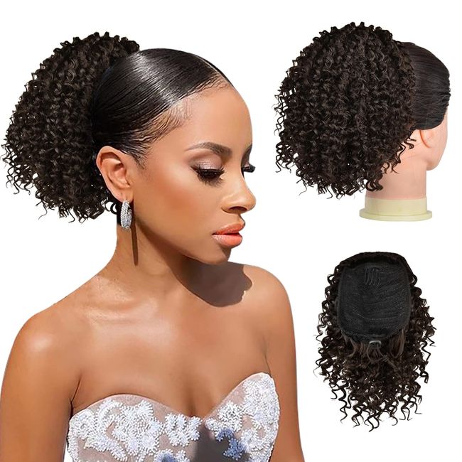 PEACOCO Drawstring Ponytails Ponytail Extension for Black Women, 6 Inch Curly Drawstring Ponytail Synthetic Hairpieces Short Afro Puff Ponytail Extensions with 2 Clips