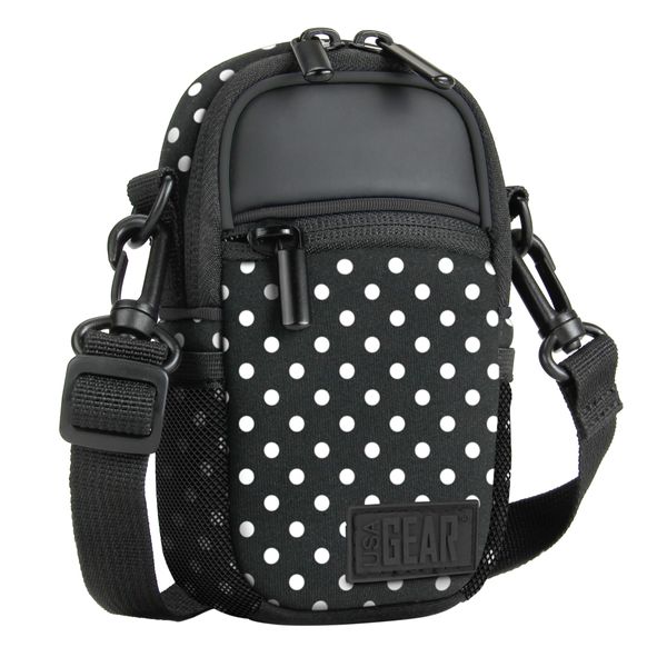 USA GEAR Compact Camera Case (Polka Dot) Point and Shoot Camera Bag with Accessory Pockets, Rain Cover and Shoulder Strap - Compatible with Sony CyberShot, Canon PowerShot ELPH, Nikon COOLPIX and More