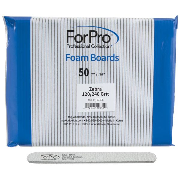 ForPro Zebra Foam Board, 120/240 Grit, Double-Sided Manicure Nail File, 7” L x .75” W 50-Count