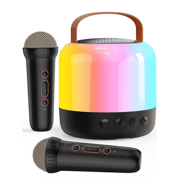 Iyoyo Mini Karaoke Machine Kids Girls, 360° Colorful LED Light Portable Bluetooth 5.3 Speaker with 2 Wireless Microphones, Birthday Karaoke Toy Gifts for 4,5,6,7,8+Years Old(Jet Black-2 Mic)