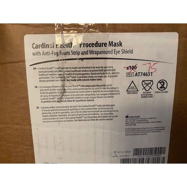 Box of 75 Cardinal Health AT74631 Level 3 Surgical Mask / Wraparound Eye Shield