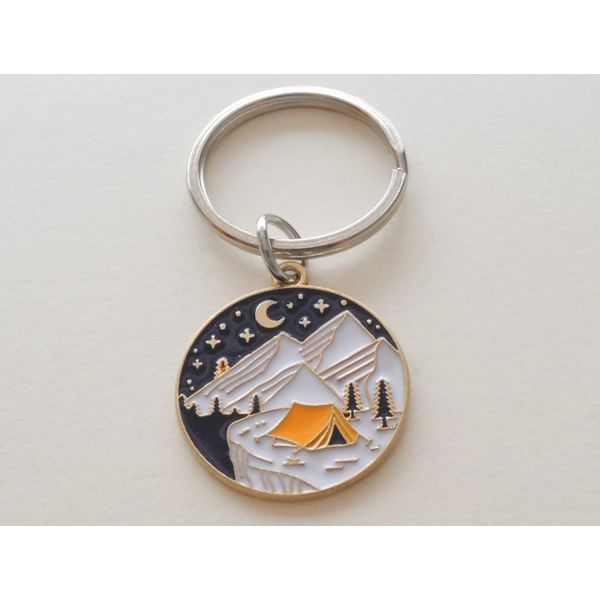 Camping Keychain; Mountain & Tent Under Night Sky Scene Charm Keychain