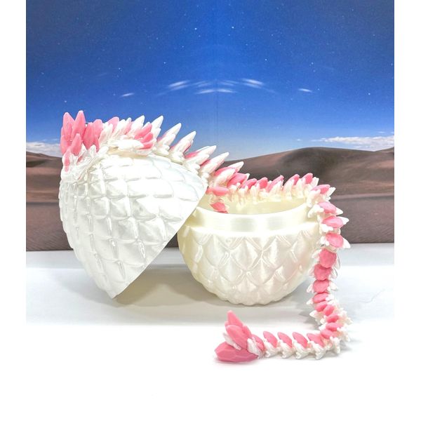 3D Printed Dragon with Dragon Egg, Full Articulated Gemstone Dragon, White and Pink Gemstone Dragon, Executive Desk Toy, Fidget Toys for Autism/ADHD D063WP