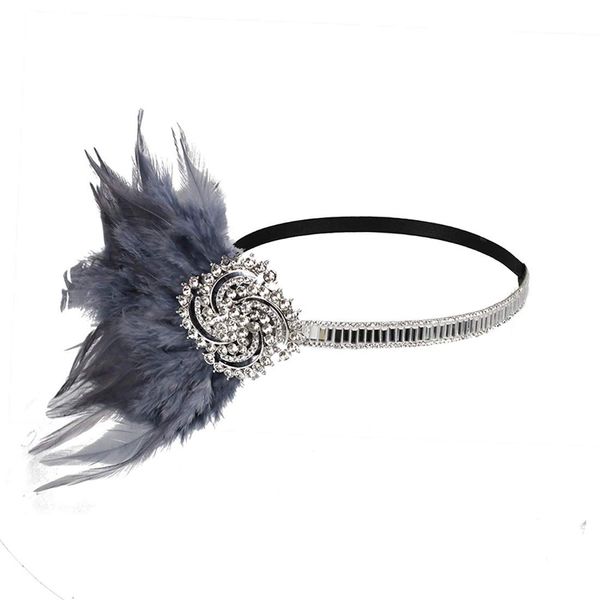 Vintage Bridal Feather Headband Great Gatsby Headpiece Gangster Ladies Elastic Hairband Jazz Dance Accessories (Grey Feather)