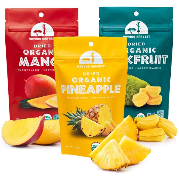 Mavuno Harvest Organic Dried Fruit Variety Pack | Dried Mango, Pineapple, and Jackfruit | Healthy, Vegan, No Sugar Added, Non GMO Snacks for Kids & Adults | 2 Ounce, Pack of 3