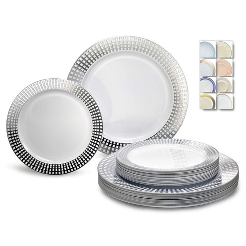 " OCCASIONS " 50 Plates Pack (25 Guests)-Wedding Party Disposable Plastic Plate Set -25 x 10.25'' Dinner + 25 x 7.5'' Salad & Dessert plates (Princess White & Silver)