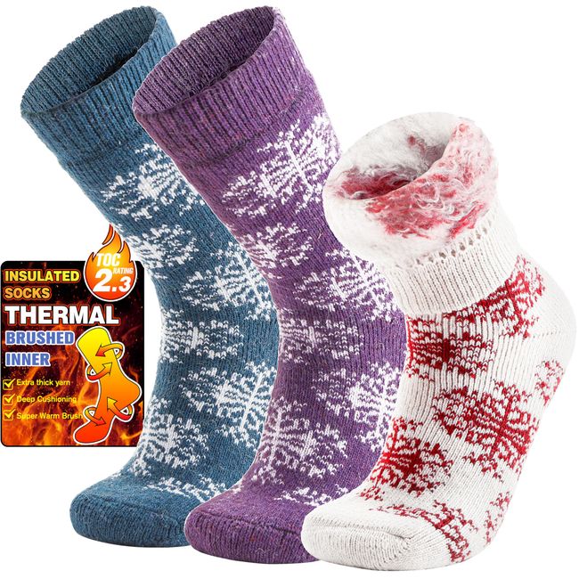 Welwoos Heated Thermal Socks for Women & Men Warm Thick Winter Ski Boot Insulated Stocking Stuffers Gift Socks 3 Pairs(Big Snowflake,M)