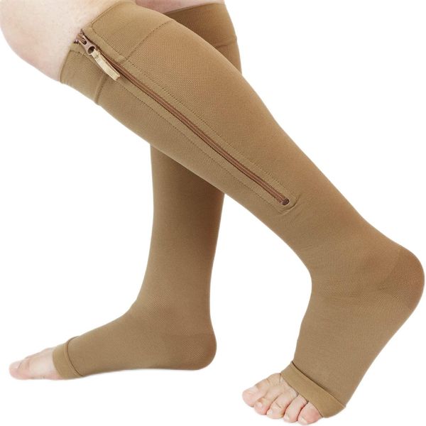 Ailaka Zipper 20-30 mmHg Compression Socks for Women & Men, Knee High Open Toe