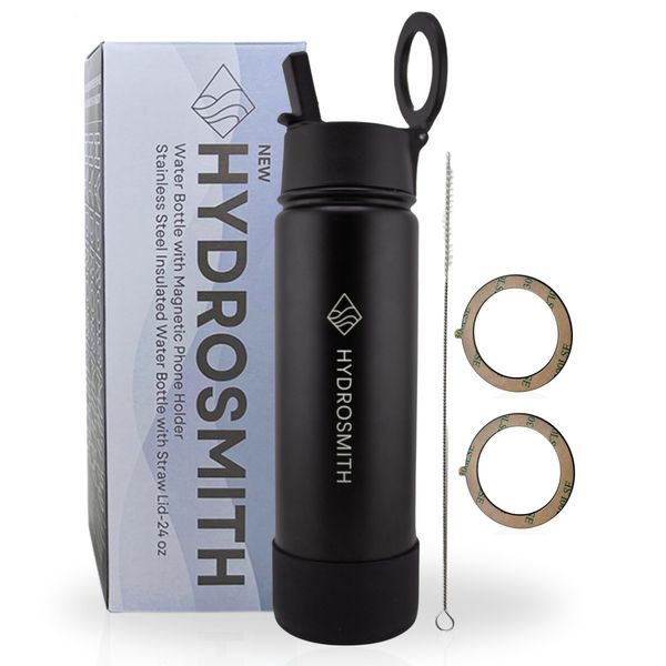 HYDROSMITH Water Bottle with Magnetic Phone Holder- Double Wall Stainless Steel Vacuum Insulated Water Bottle with Straw- Thermal Water Bottle for Gym, Sports, Travel, Hiking & Camping 24 oz Black