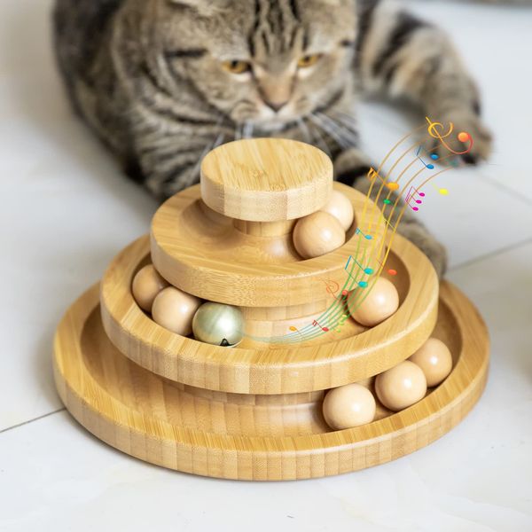 AriTan Cat Toy, Pet Supplies, Play Board, Pets, Rotation, Ball, Cat Toy, Lack of Exercise/Stress Relief, Educational Toy, Safe Material, Round and Round Tower, Rolling Ball, Bamboo Material