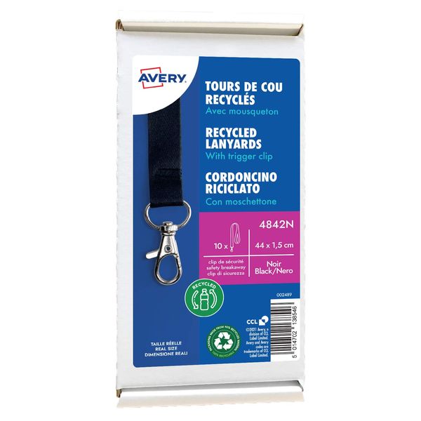 AVERY Recycled Plastic Black Lanyards with Trigger Clip - Pack of 10