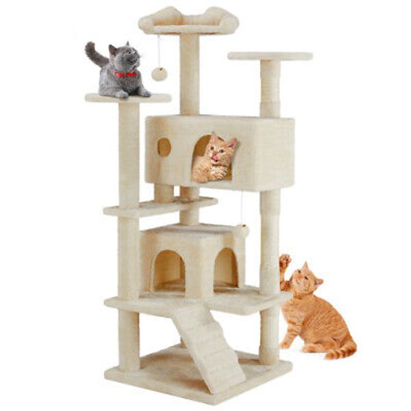 54in Cat tree, indoor cat high-rise multi-story tower, pet playroom, beige