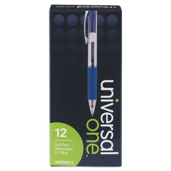 Universal 39913 Clear Roller Ball Retractable Gel Pen, Blue Ink. Medium, Dozen