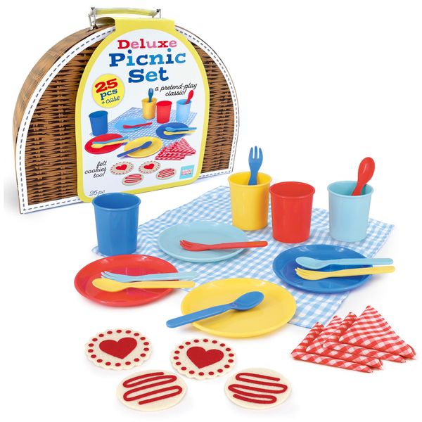 Bright Stripes Kids Picnic Basket Set, Food Pretend Play Tea Party Supplies, Children’s Toys - Includes 4 Plastic Cups, Plates, Spoons, Forks, 4 Napkins, Picnic Mat, 4 Felt Cookies, 25-Piece, Primary