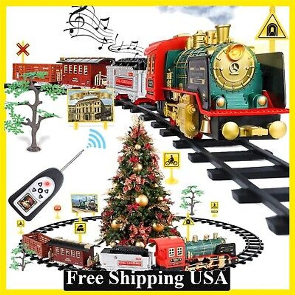 Remote Control Train Set Electric R/C Train Toy for Kids w Smokes Lights & Sound