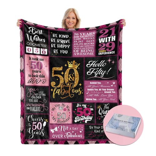 Budalagong 50 Birthday Gifts for Women, 50th Birthday Blanket with Gift Box, 50th Birthday Decorations Gift Ideas for Her, 50 Year Old Gifts for Women Turning 50 and Fabulous 50''x40'', Pink