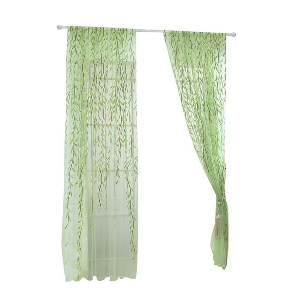 Veemoon Green Embroidery Pattern White Sheer Voile Curtains, Rod Pockets Curtains and Drapes, Tulle Voile Curtains Sheer for Bedroom, Living Room, Balcony Room Decoration