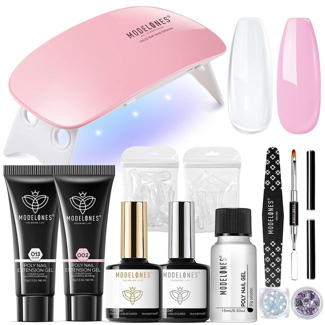 Modelones Poly Nail Gel Kit (15ML) Starter with U V Light 6W LED Nail Dryer Lamp, 2 Colors Clear & Pink Gel Nail Extension Tips Kit with Top and Base Coat Natural Skin Tone Essential Manicure Tool