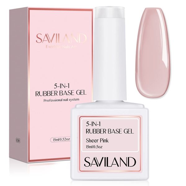 Saviland 5-In-1 Rubber Base Gel for Nails, 15ML Sheer Pink Builder Base Gel Color Gel Nail Polish Foundation Gel Strengthener Gel Nail Rhinestones Glue Gel for starter Home DIY Professionals Salon Use