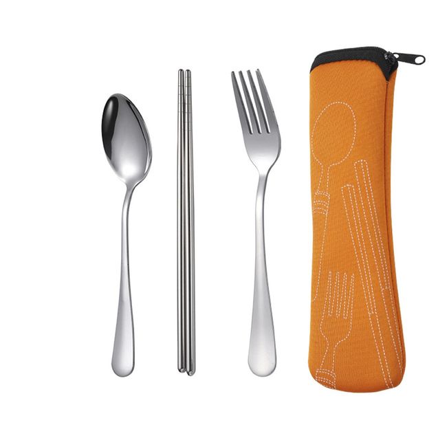 Cutlery Set, Chopsticks, Fork and Spoon, 3-piece Set, Includes Storage Case, Cutlery Set, Portable, Outdoor, Cutlery, Lightweight, Tableware Set, Camping, Cutlery, Lunch Box, Combination Set, Students, Adults, Work, School, Excursions, Picnics (Orange)