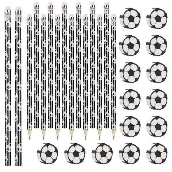 JIANTA 15Pcs Football Pencils with Eraser Tips, Football HB Graphite Pencils, Drawing Pencils with 15Pcs Soccer Eraser, Wooden Black Lead Pencils for Writing Sketching & Drawing