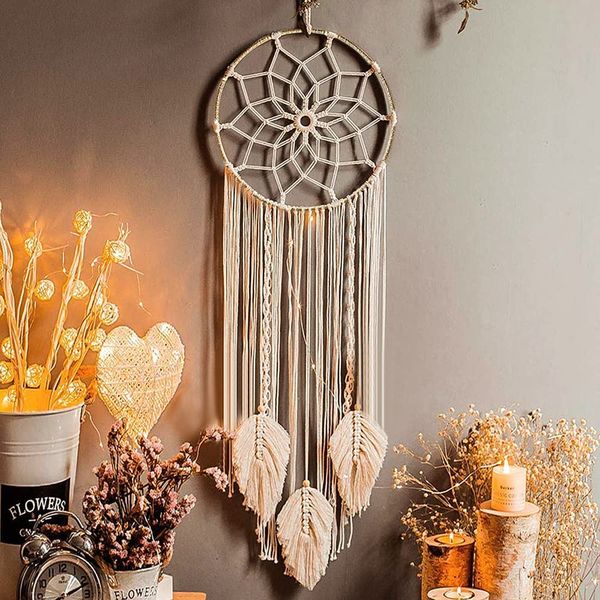 LOMOHOO Boho Dream Catchers for Bedroom-Macrame Woven Wall Hanging Handmade Dreamcatcher with Tassel Decoration Bedroom Decor Ornament Craft,Beige