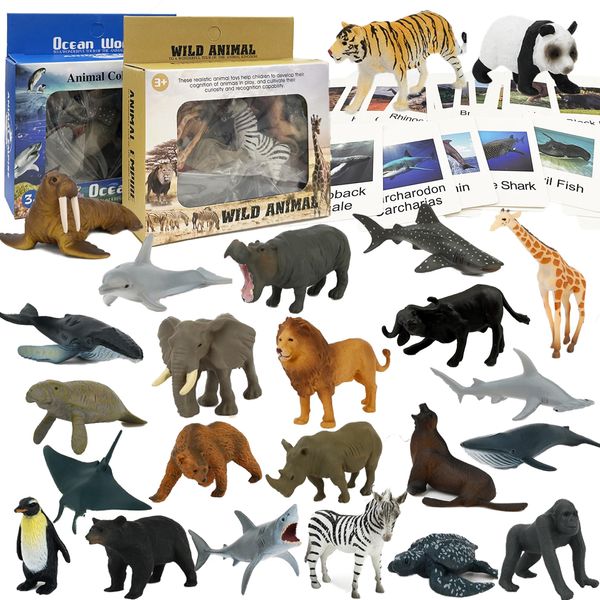 Mbrain 24Pcs Plastic Realistic Small Figurines,Safari Animals Figures Toys and Ocean Animals Figures Toys with Flash Cards,Learning & Education Toys,Montessori Toys for Girl & Boy for 3 4 5 Year Old