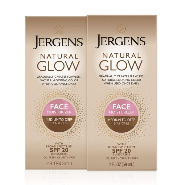 Jergens Natural Glow Face Self Tanner Lotion, SPF 20 Sunless Tanning, Medium to Deep Skin Tone Moisturizer, Daily Facial Sunscreen, Oil Free, Broad Spectrum Protection, 2-2 oz